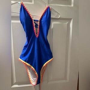 New with tag!  Blue V-Neck Swimsuit with Pink Trim